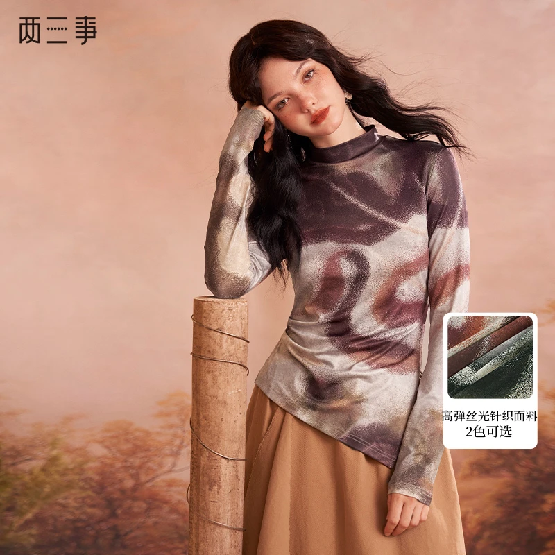 两三事风度玉关 2023秋季复古风艺术高领显瘦气质不规则打底衫