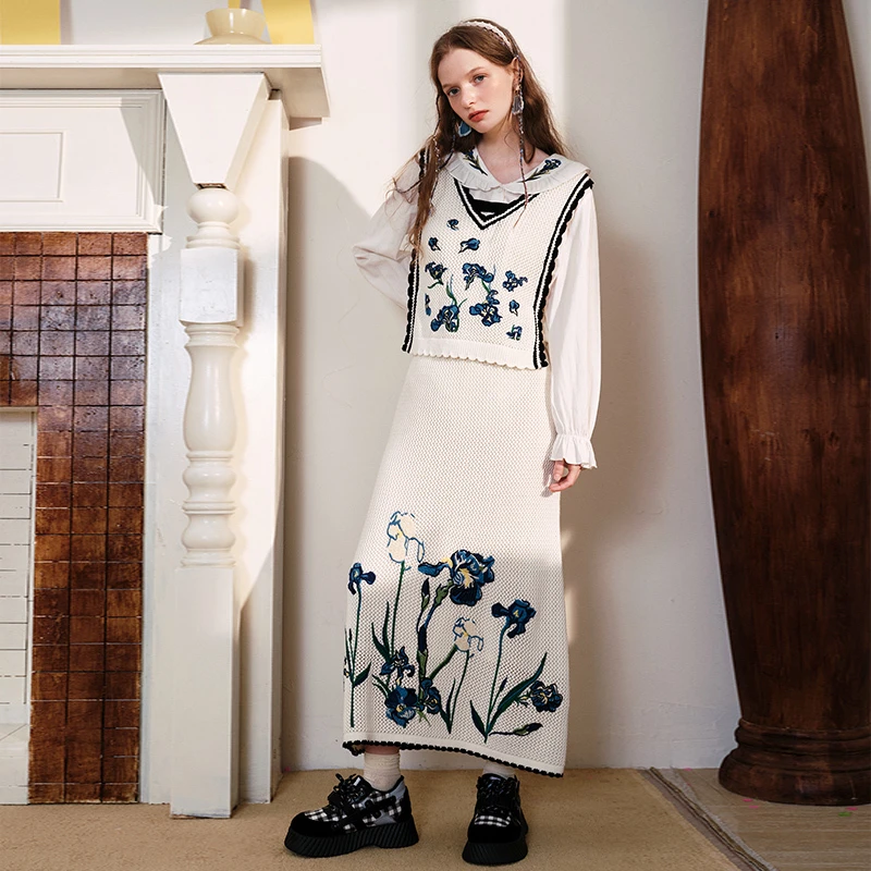 两三事梵高文艺自由集秋绣花毛织高腰半身裙