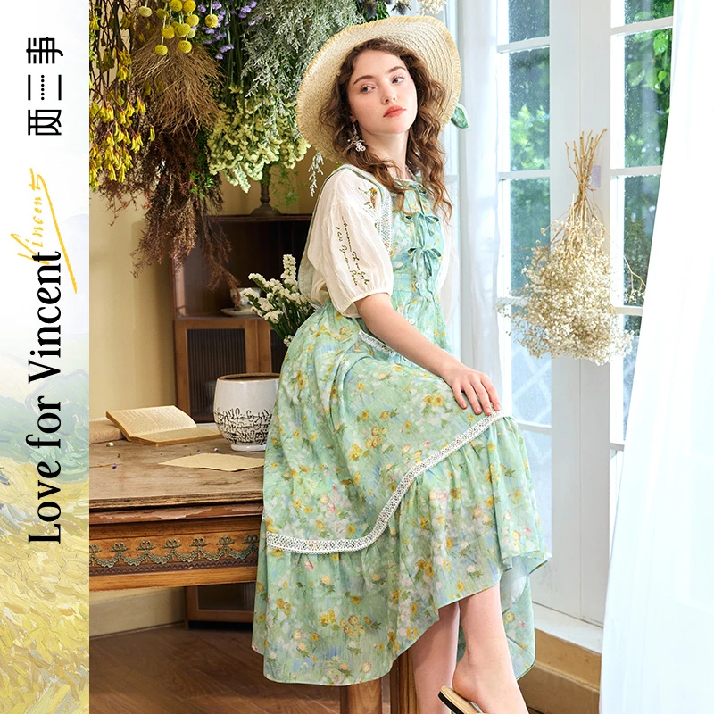 【黄蓉专属】两三事梵高文艺芷间栖隐 蕾丝拼接绑带S24XLY316