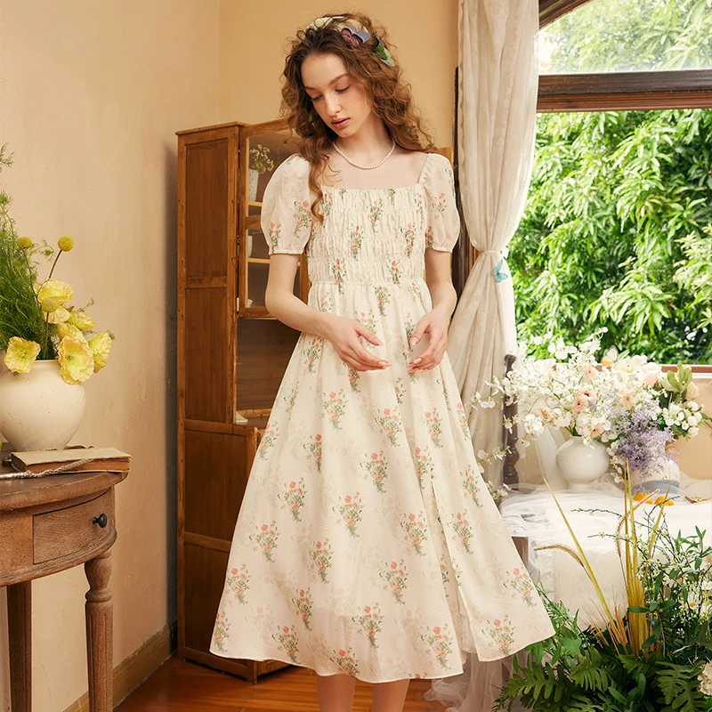 【两三事】梵高文艺淌香花墙 碎花开叉两穿a字连衣裙S24XLY230