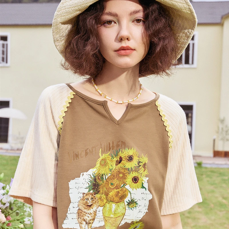 两三事 梵高文艺夏风微凉 休闲印花拼色短袖t恤女宽松S24CT031
