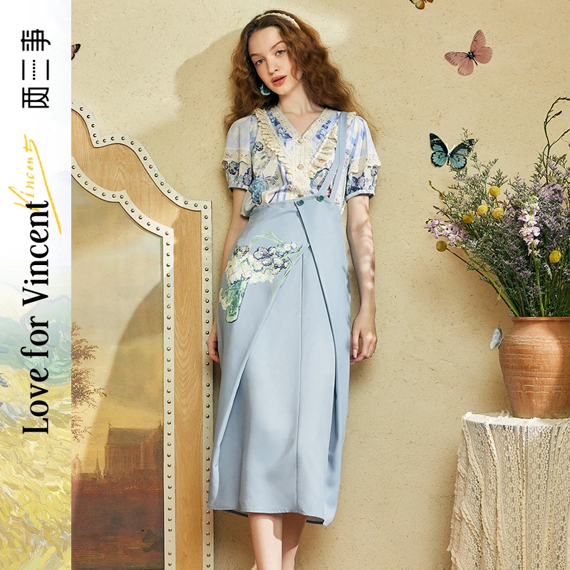 两三事梵高文艺沉香对酌印花折边单边背带半身裙S24XKB499