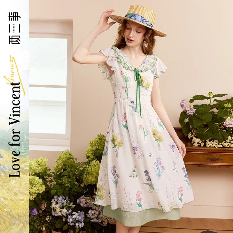 两三事梵高文艺盛夏午后 夏季新款法式印花荷叶边领短袖连衣裙
