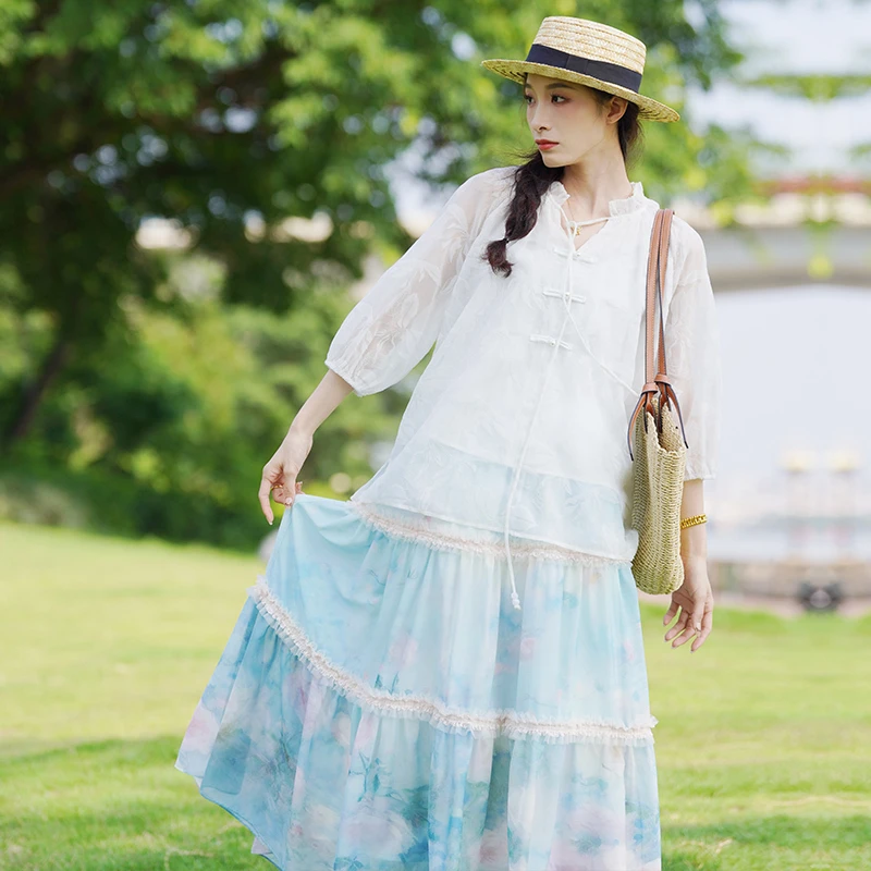 两三事梦回莫奈油画印花蕾丝拼接高腰半身裙S24XKB278