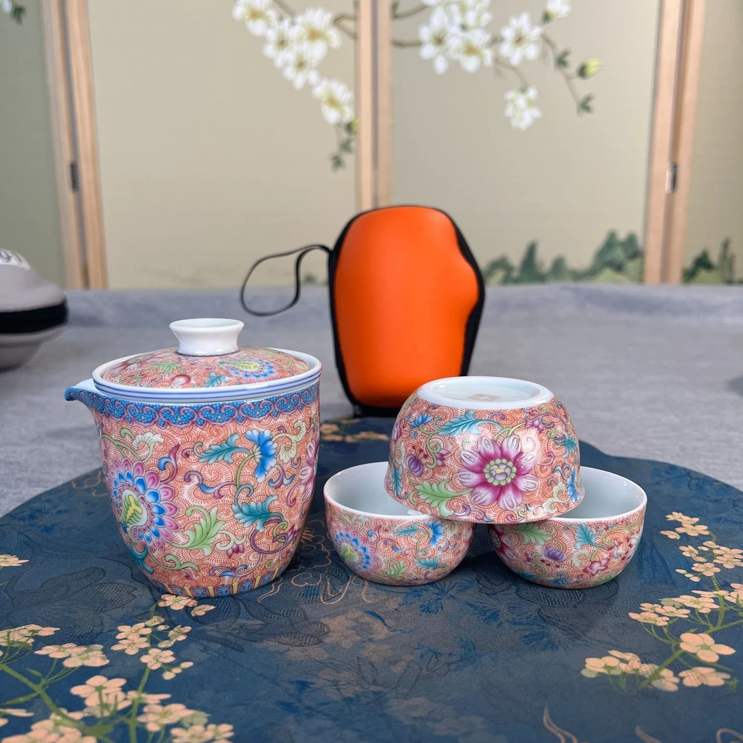 【闪购商品】珐琅彩一壶三杯凤尾花景彩印迹便携式户外旅行包666007