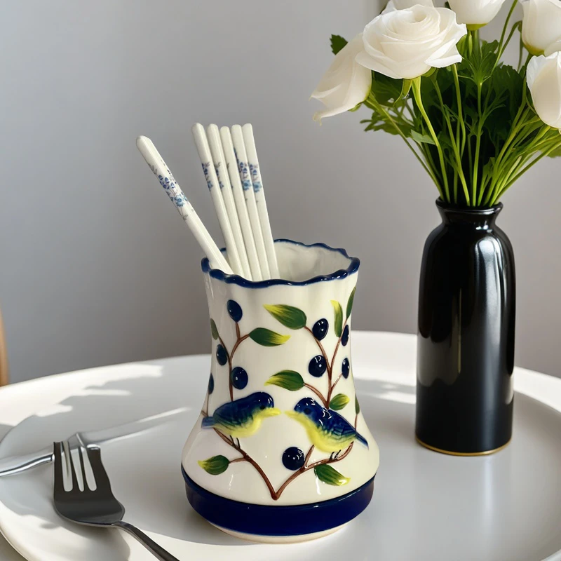 蓝莓陶瓷手绘筷子筒创意家用釉下彩防霉沥水高档