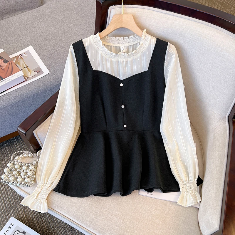 大码女显瘦收腰木耳边上衣胖妹妹洋气新款减龄假两件法式遮肚衬衫