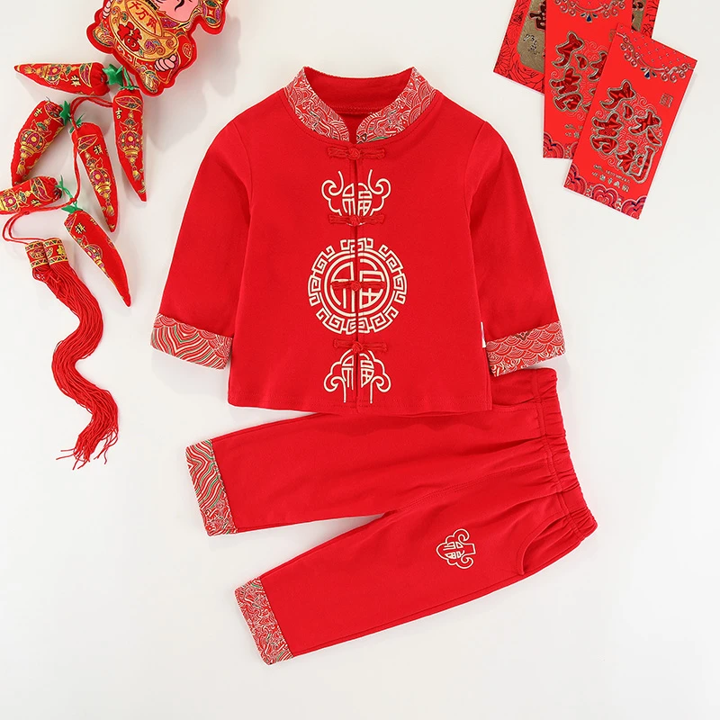 男女宝宝百日宴周岁红色喜庆唐装春秋夏套装1岁6月周岁礼服抓周服