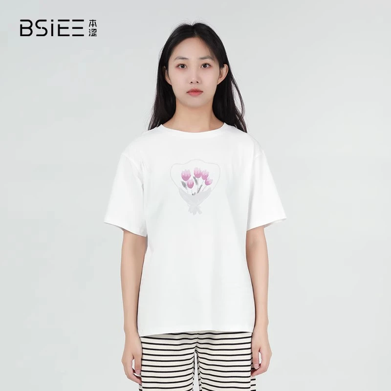 BSIEE/本涩2023新品通勤百搭简约郁金香花圆领短袖T恤女