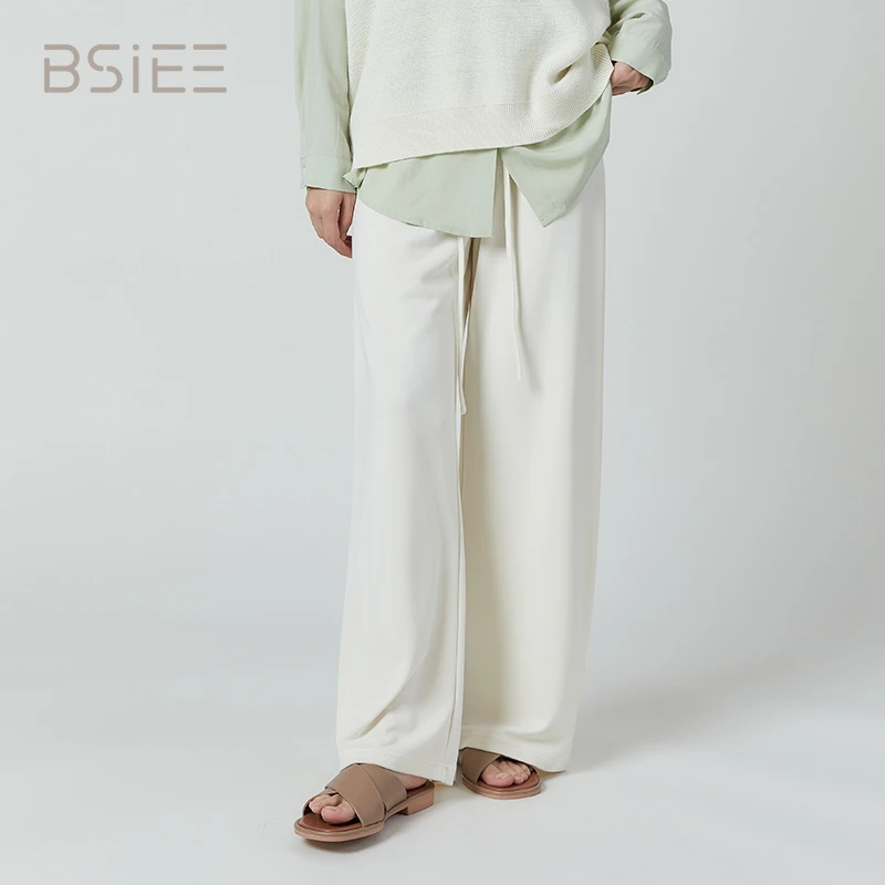 BSIEE本涩简约阔腿系带休闲专柜同款女装裤拖地长裤垂感直筒宽松