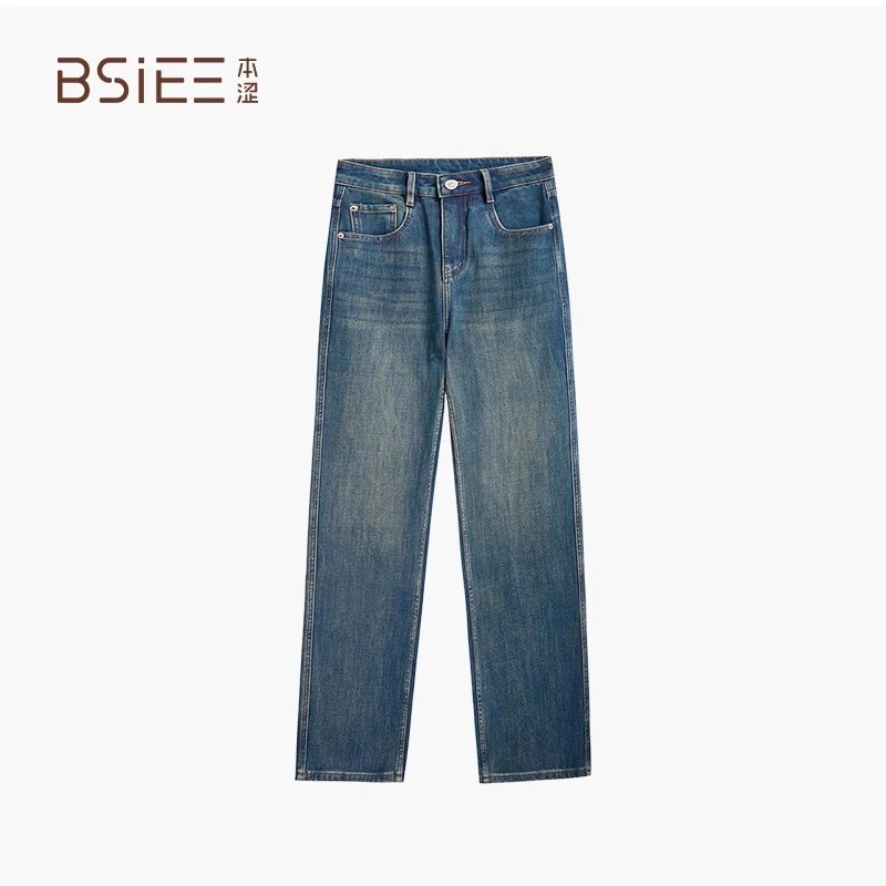 BSiEE本涩牛仔小直筒裤2024年秋冬新品复古宽松直筒牛仔裤女