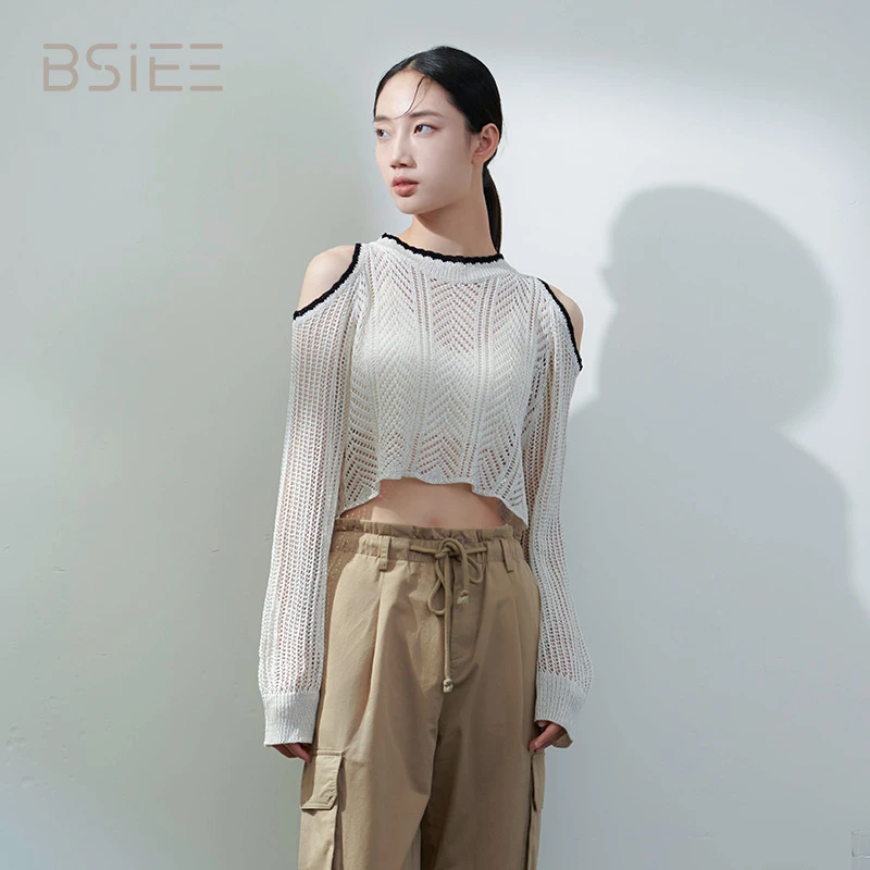 BSIEE本涩小众设计感露肩长袖针织衫短款上衣春夏镂空薄款辣妹