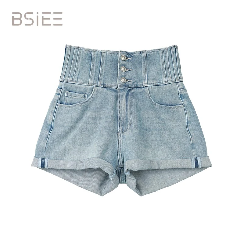 BSIEE/本涩三粒扣高腰牛仔裤夏季新品时尚简约舒适高腰裤子女