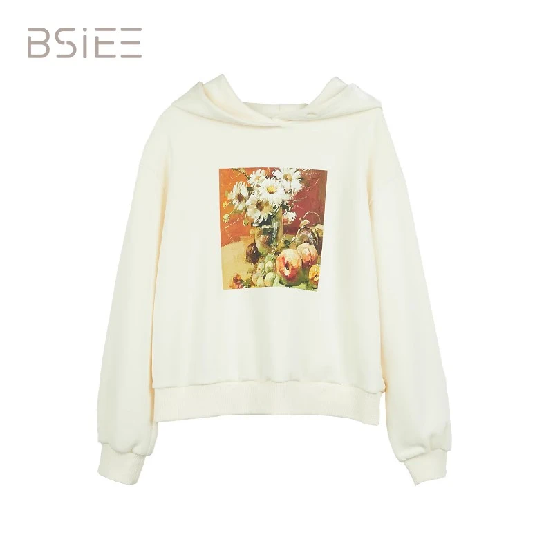 BSIEE/本涩春季新款高清印花时尚长袖连帽卫衣宽松女装上衣潮