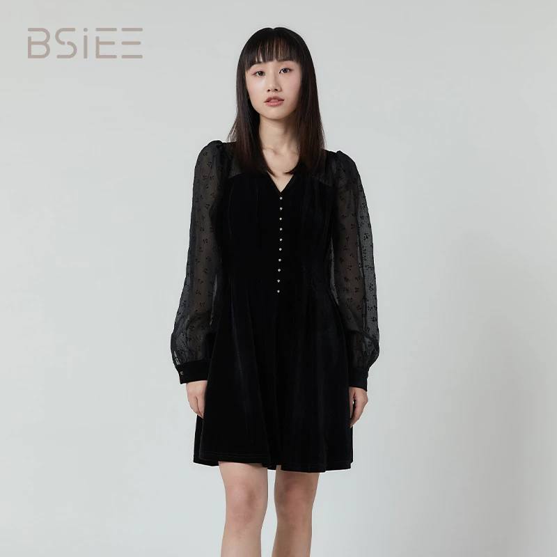 BSIEE本涩V领连衣裙女长袖气质丝绒提花宽松中长裙子蕾丝法式拼接