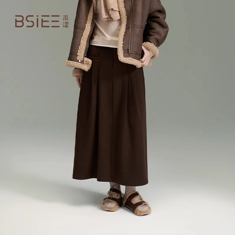 BSIEE/本涩气质时尚简约腰带前口袋半裙女装半身裙中长款复古