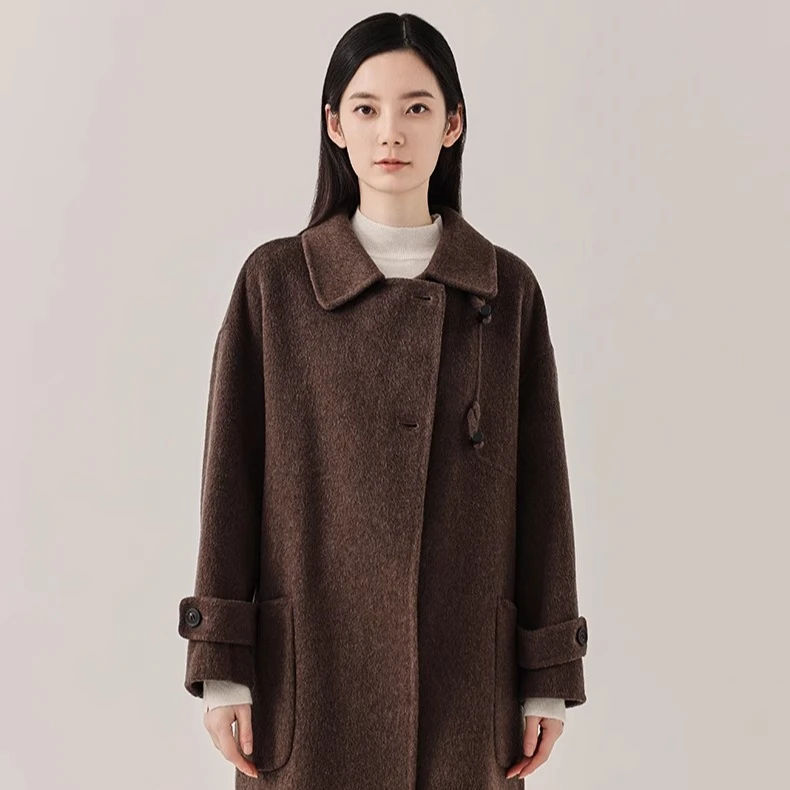 BSIEE/本涩秋冬气质百搭时尚翻领设计师长款大衣（咖啡）