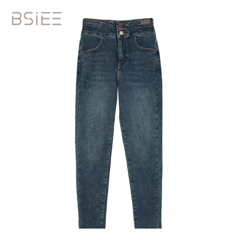 BSIEE/本涩高腰牛仔裤女弹力修身秋冬新品通勤百搭时尚热销长裤