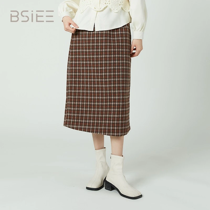本涩BSIEE专柜同款女装秋季浪漫毛呢中长款过膝a字半身裙