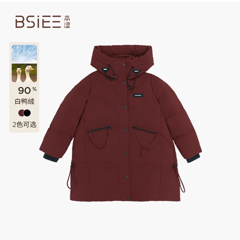 BSIEE/本涩保暖羽绒服中长款冬季新品连帽宽松抽绳白鸭绒外套女