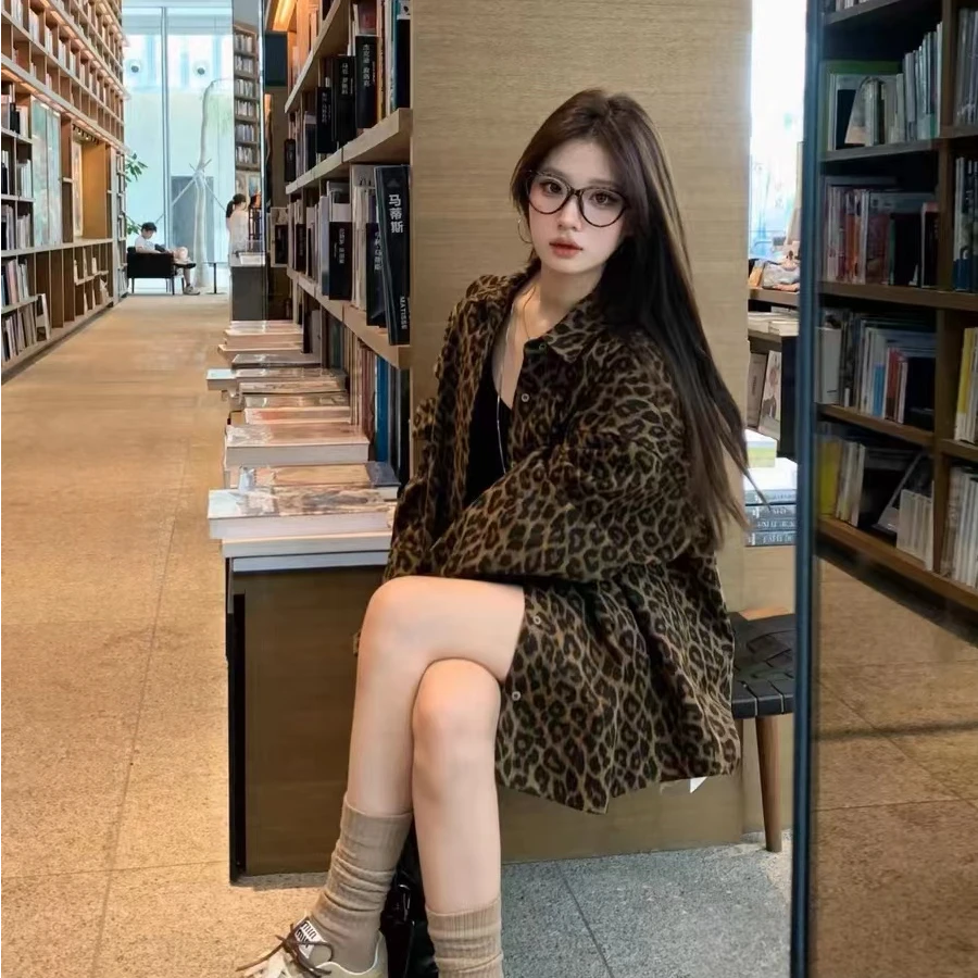 【Amy花猫】2025新款豹纹长袖衬衫夹克外套女翻领休闲宽松开衫上衣