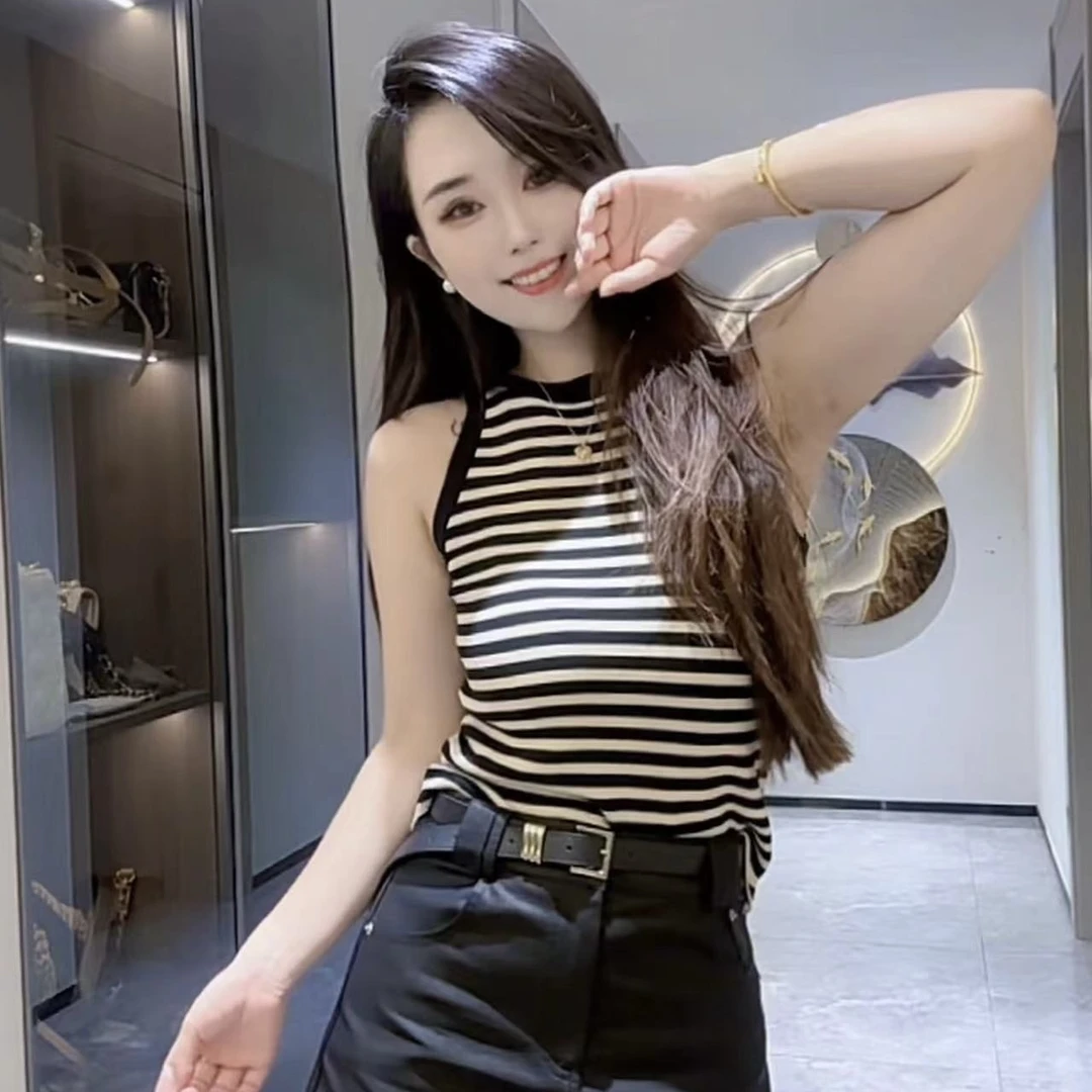 【Amy花猫】复古条纹挂脖无袖背心打底女修身显瘦外穿短款百搭上衣