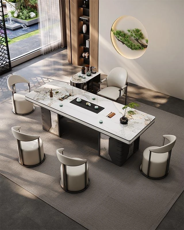 意式轻奢高端奢石岩板茶桌设计办公室茶台客厅大板茶桌椅泡茶组合