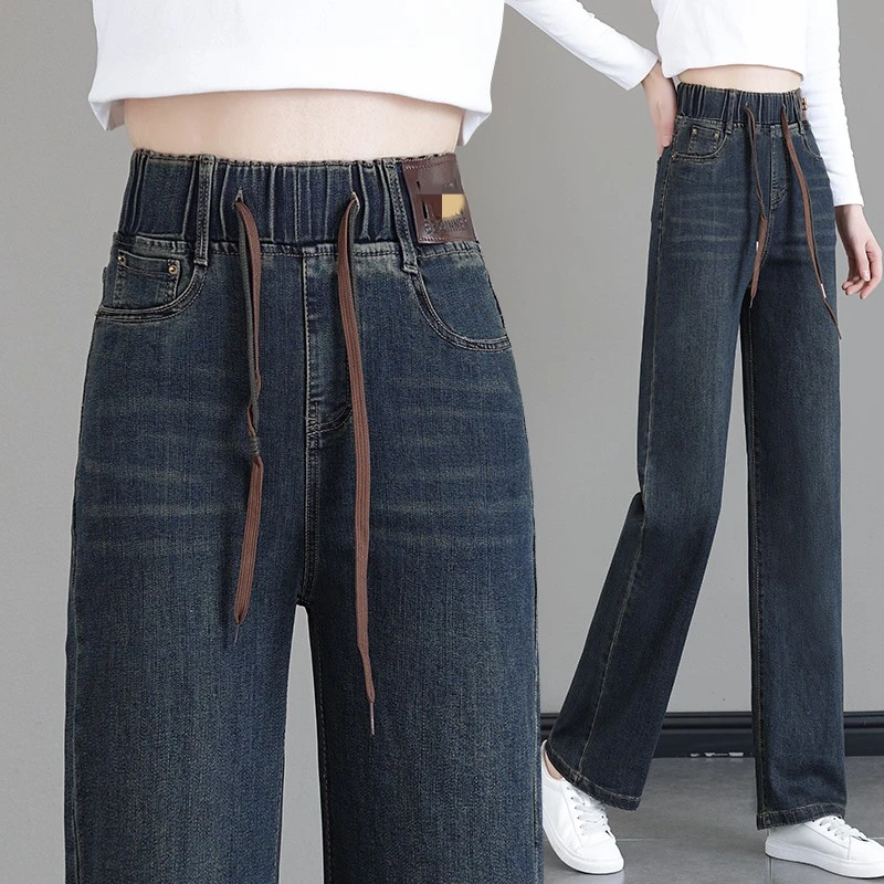 936#2025春季新款百搭女士牛仔裤直筒牛仔显瘦大码松紧腰