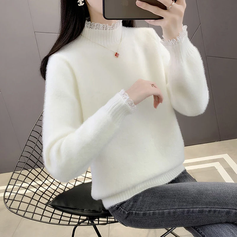 加厚针织打底衫女秋冬短款洋气宽松不起球半高领蕾丝领毛衣女厚