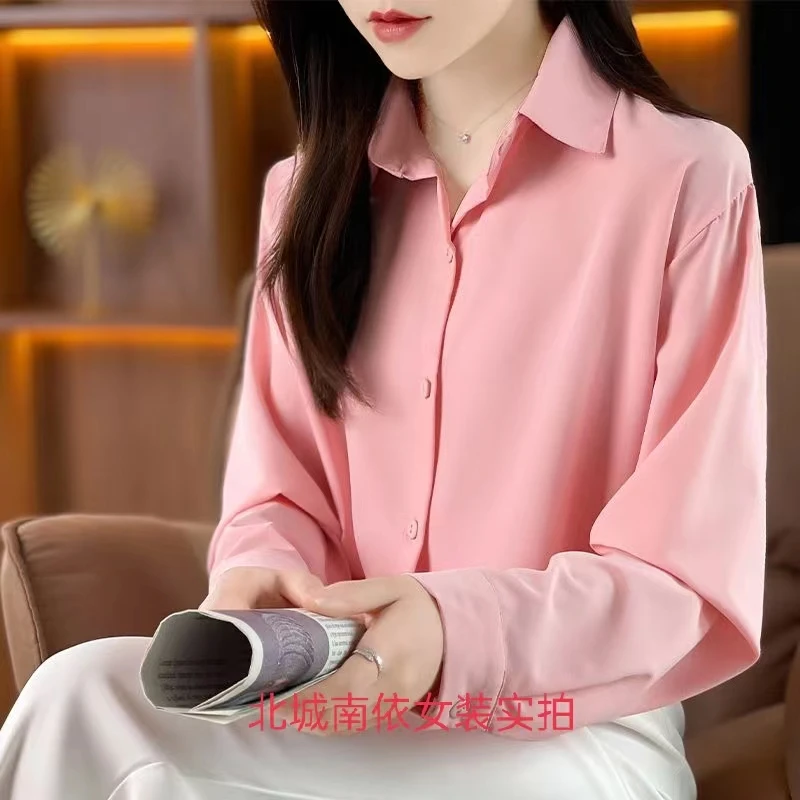 粉色衬衫女长袖2023年新款韩版宽松设计感小众衬衣POLO领打底上衣