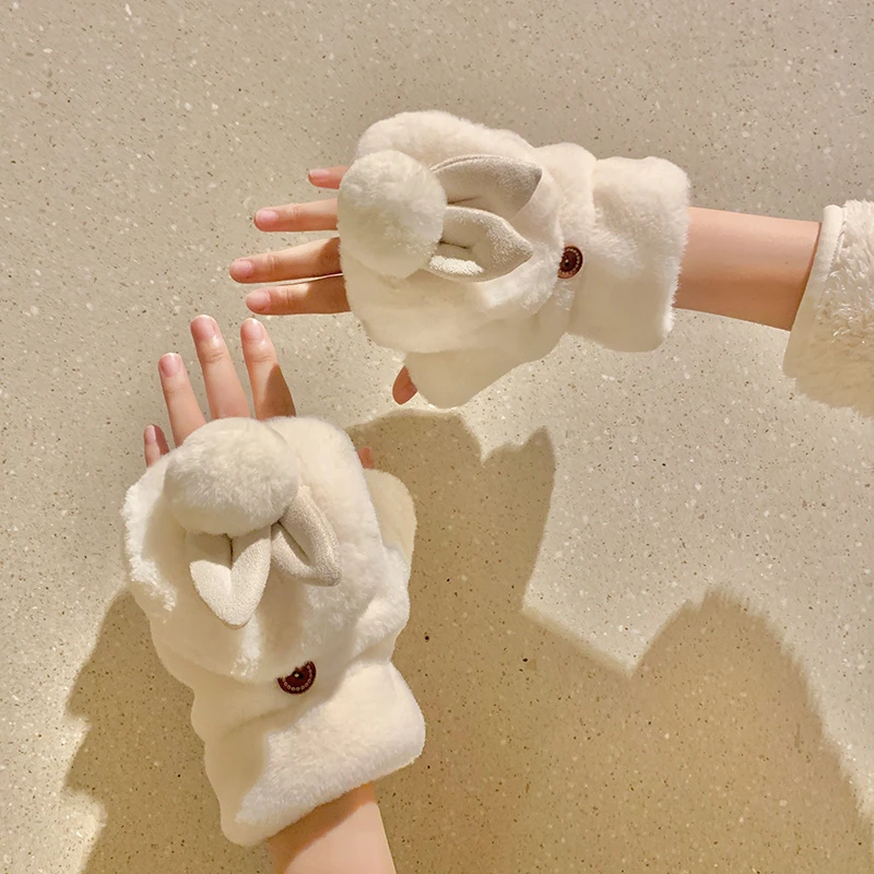 手套女冬季可爱女生加绒保暖冬天萌兔半指送女友韩版少女心毛绒绒