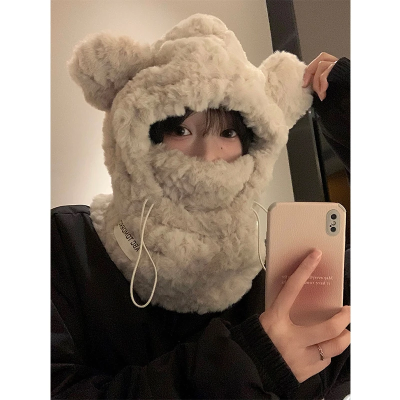 可爱加厚毛绒小熊帽子围巾一体女秋冬季韩版保暖护耳帽骑车防寒潮
