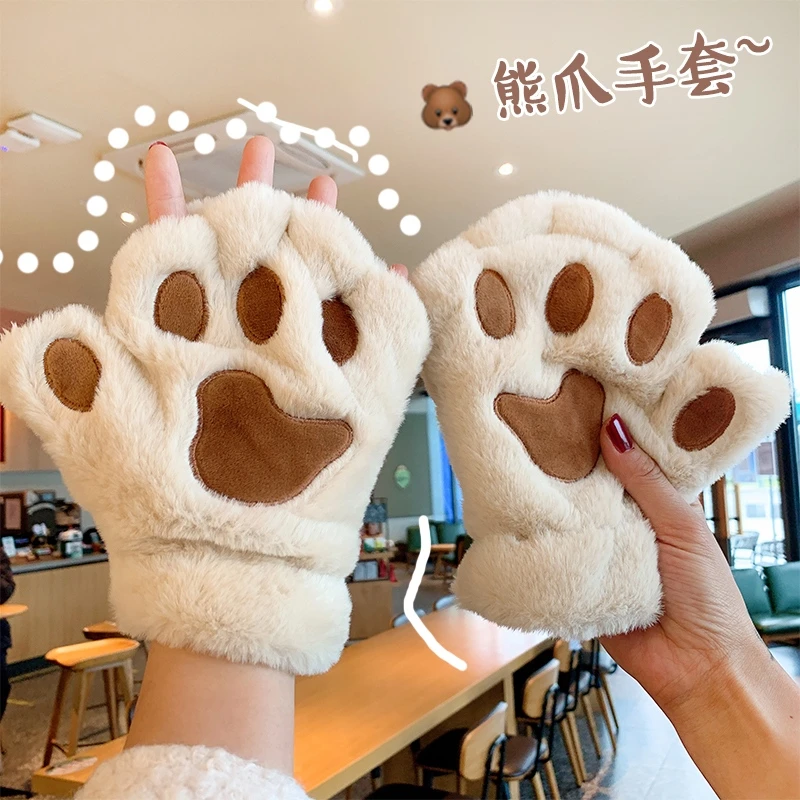 手套女冬季加绒加厚可爱猫爪半指保暖防寒学生写字露指骑行电动车