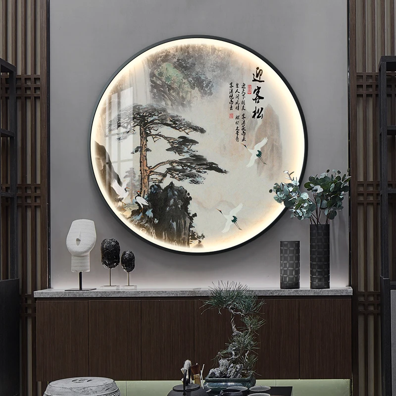 迎客松新中式玄关圆形带灯入户进门画走廊过道挂画灯光晶瓷装饰画