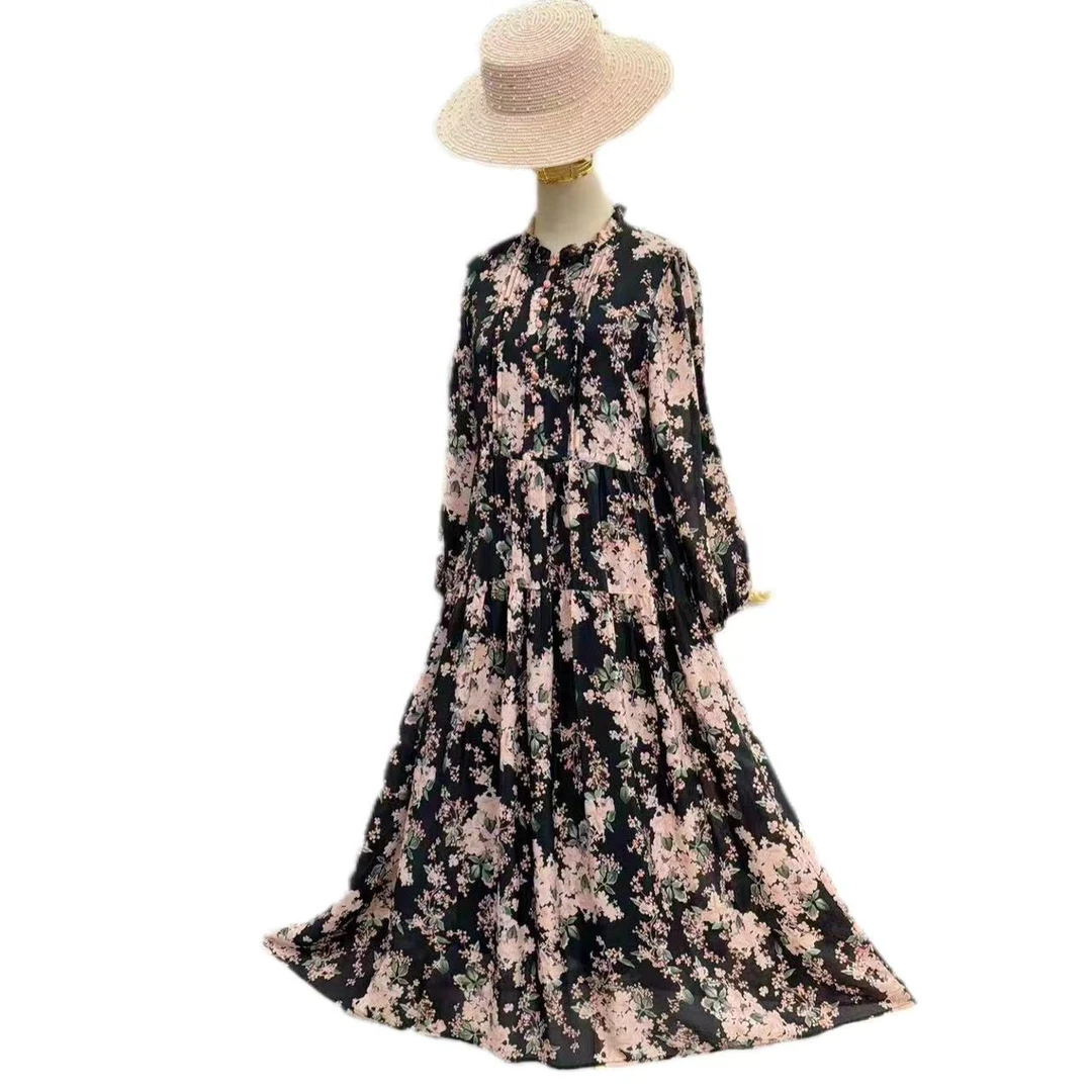 【多米拉】01224黑色桑蚕丝连衣裙时尚显瘦气质真丝裙印花优雅复古