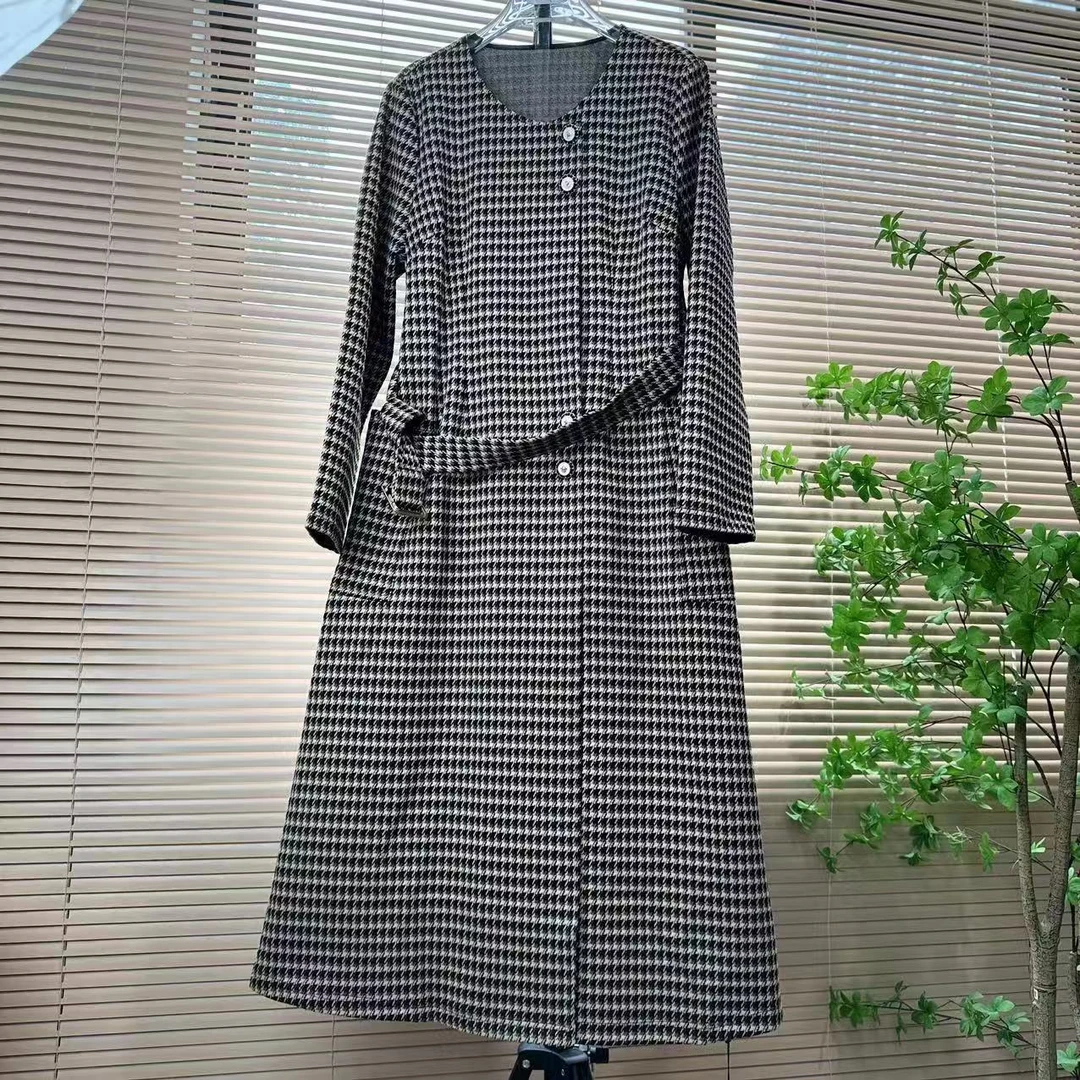 【多米拉】03024千鸟格早秋高端精致宽松连衣裙气质收腰印花轻奢优