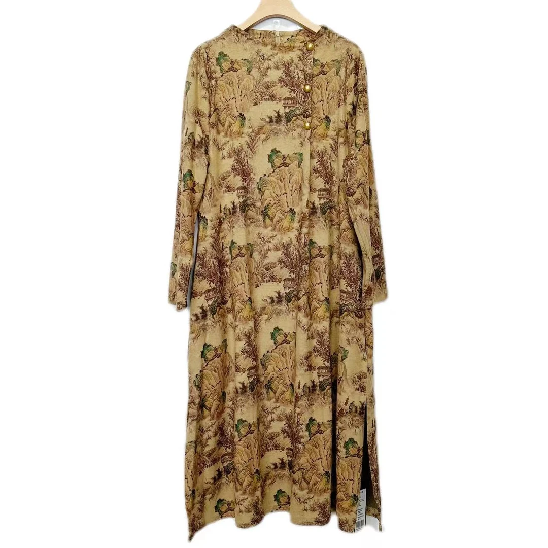 【多米拉】03224秋冬新款山水图显瘦气质连衣裙 女士设计师轻奢B款