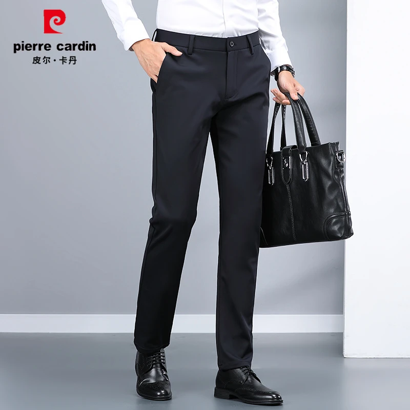 皮尔卡丹男士直筒腰部绣花休闲西裤秋冬季商务百搭厚款弹力长裤