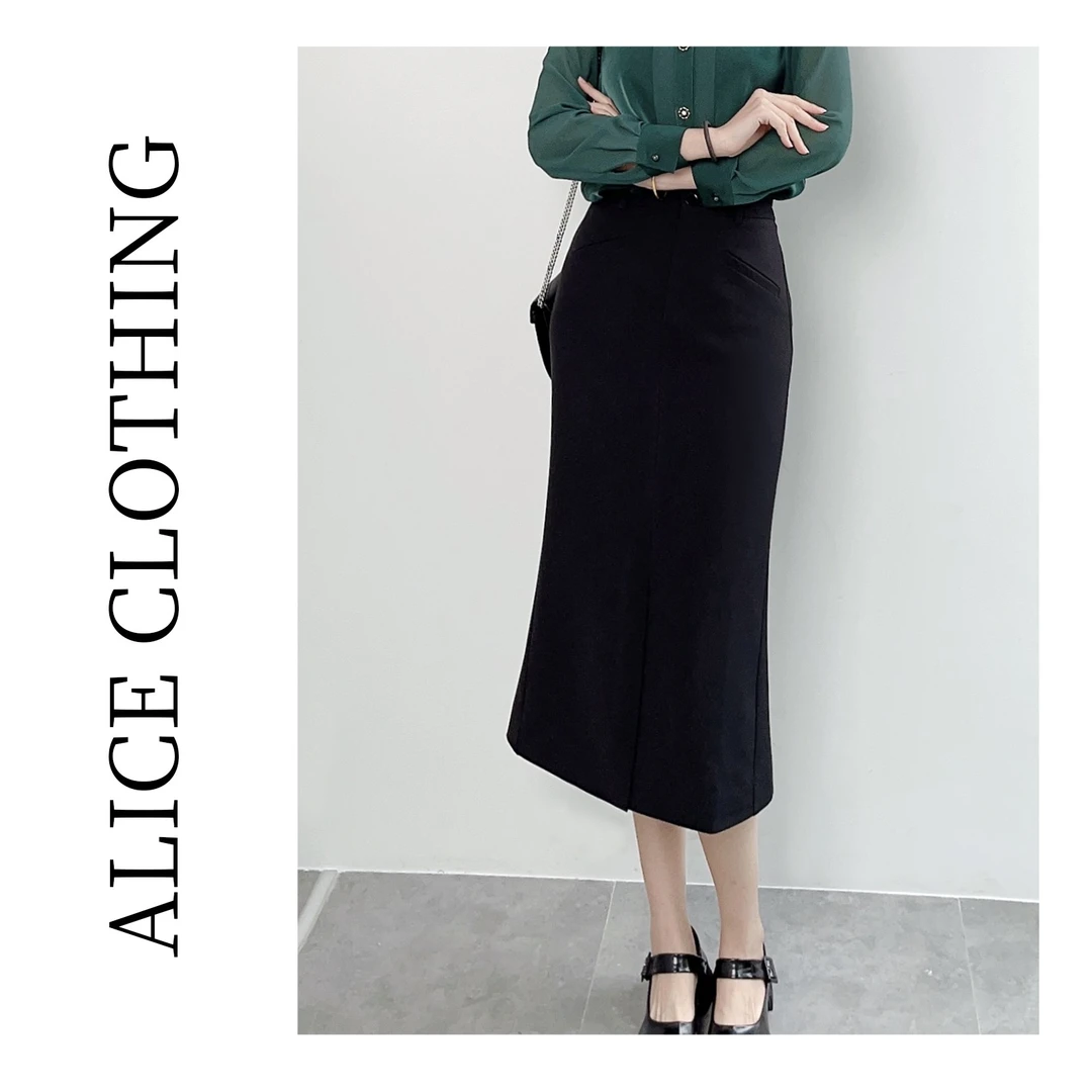 4 爱丽丝高腰半身裙黑色气质修身前开叉中长半裙百搭显瘦 P163715