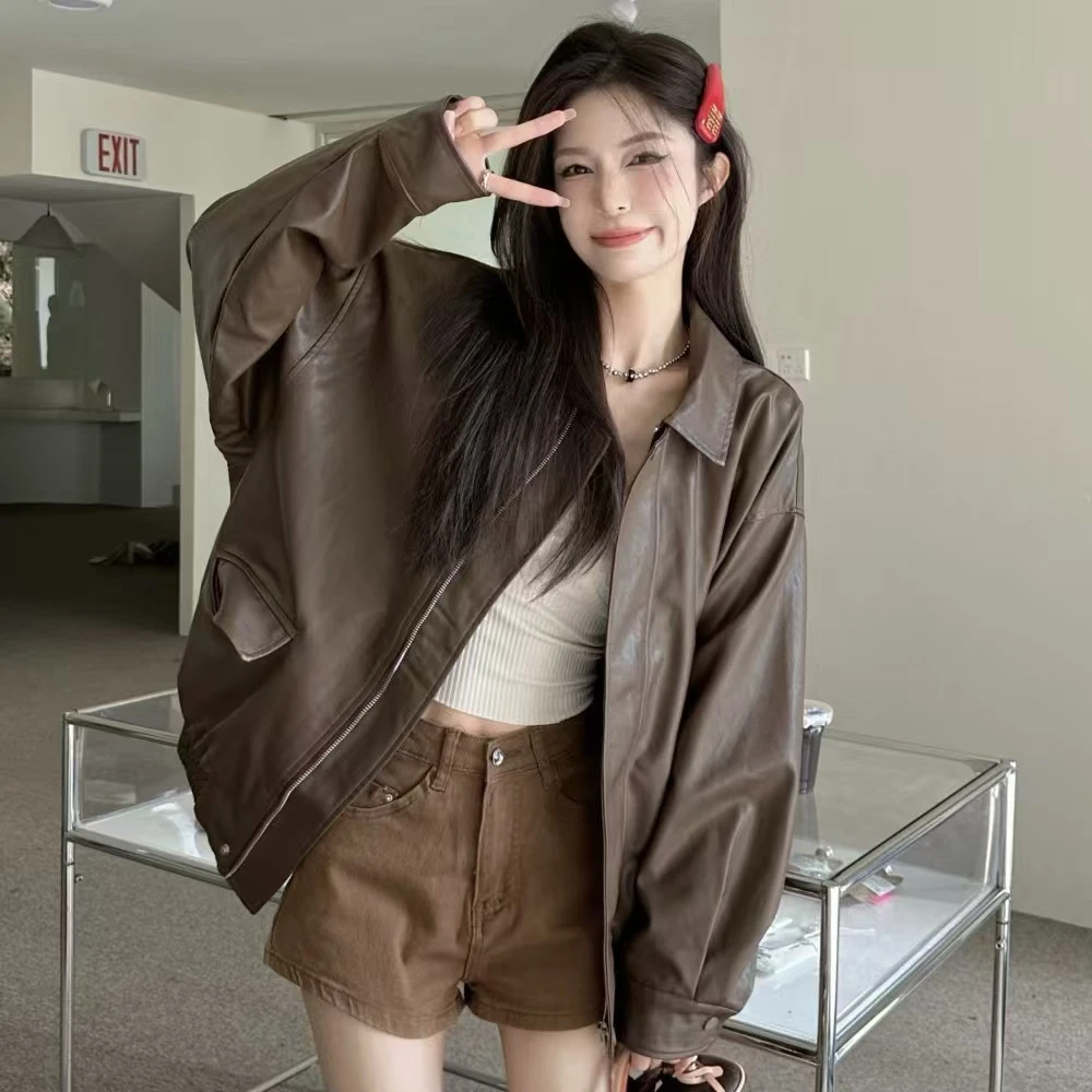 81530大码复古美式咖色皮夹克外套黑色甜酷风机车衣宽松长袖上衣