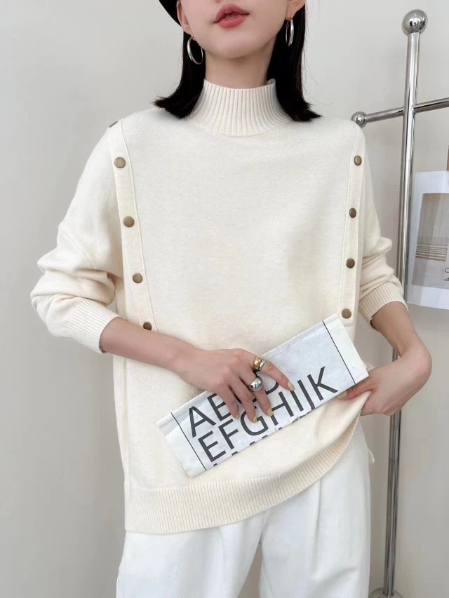 J3大码女装【2038】冬季新款打底衫纽扣半高领针织上衣