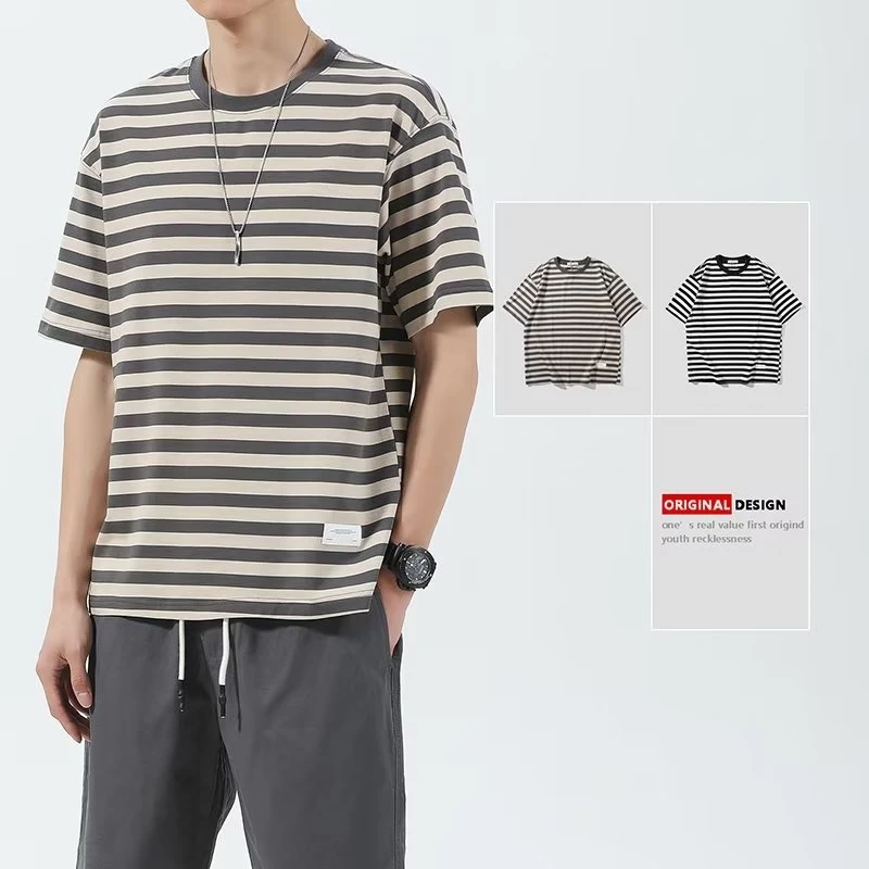 港风条纹短袖T恤男夏季韩版宽松体恤学生ins潮牌宽松痞帅上衣男士