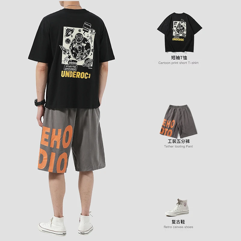 日系潮牌男生夏季套装潮流帅气宽松圆领短袖T恤搭配直筒五分短裤