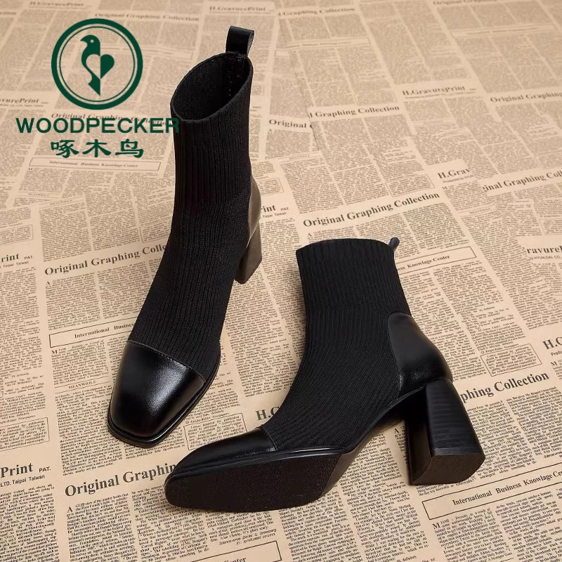 啄木鸟2024年新款弹力靴粗跟针织瘦瘦靴袜靴高跟鞋子马丁靴女单靴