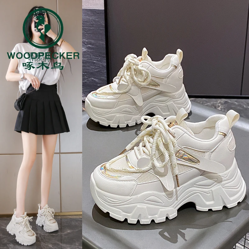 啄木鸟老爹鞋女款透气2024新款网面运动鞋厚底8公分内增高女鞋子