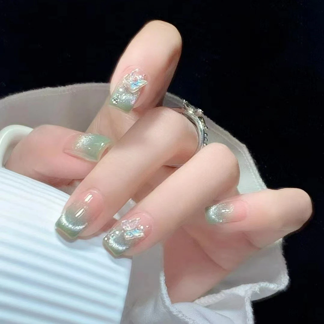 中长】清新浅绿 渐变晶石猫眼 穿戴式美甲 可拆卸指甲贴 24片