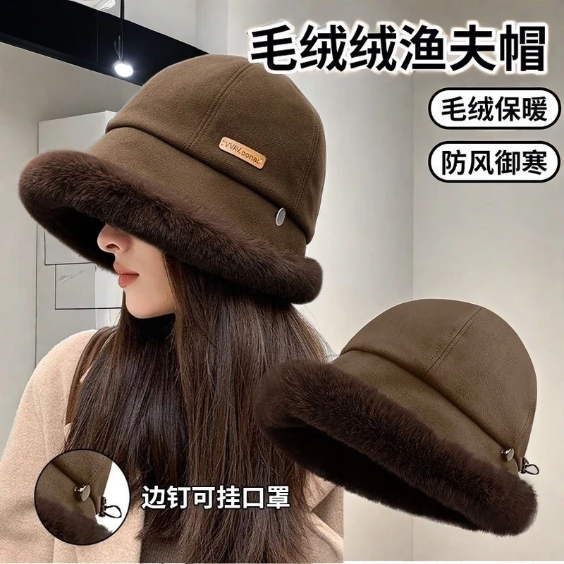 渔夫帽2024新款秋冬季毛绒鸭舌帽大头围显脸小女士保暖骑车棒球帽