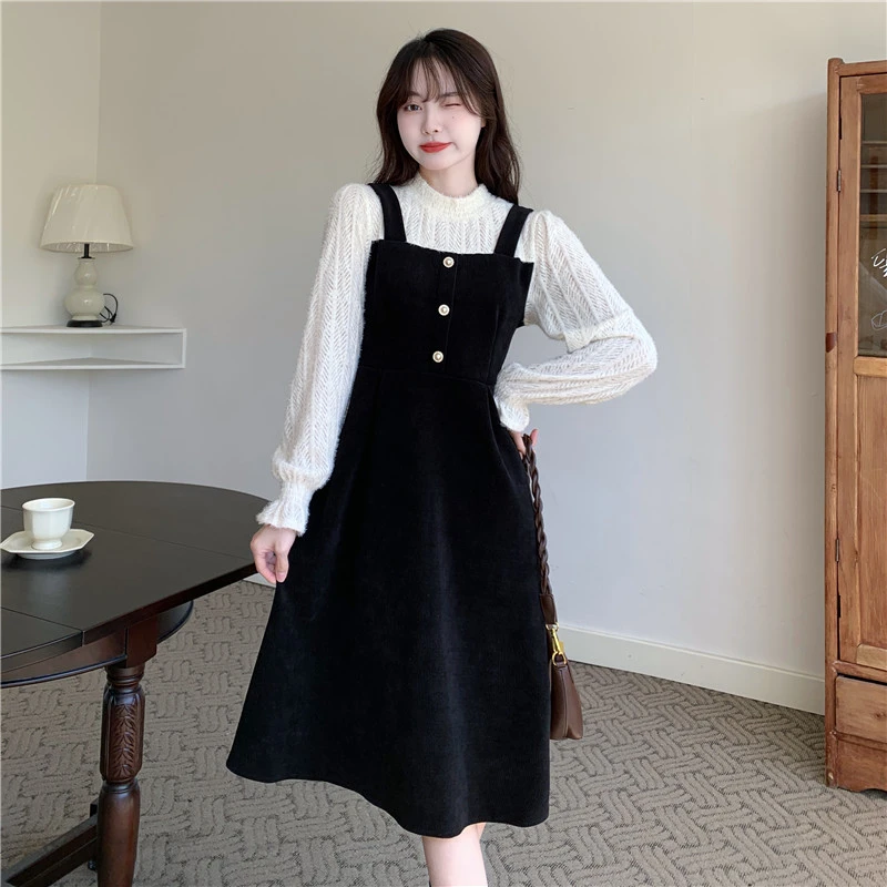 （现货）2024秋冬款甜美胖妹妹遮肉显瘦长袖假两件灯芯绒连衣裙1227