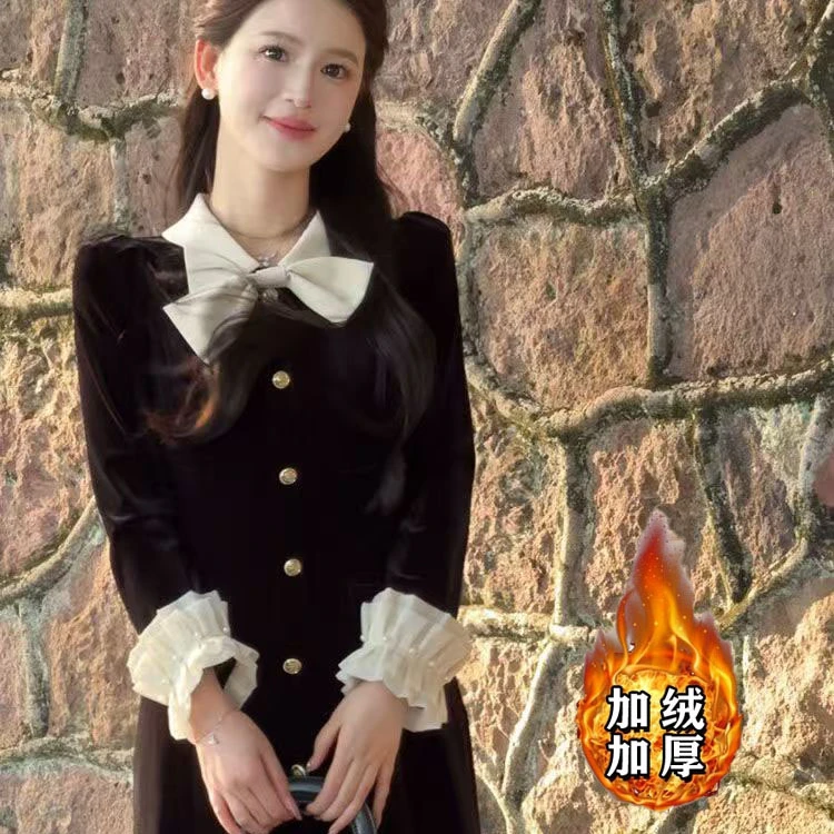 时尚气质小香风连衣裙女秋冬新款法式长裙子显瘦小黑裙1668