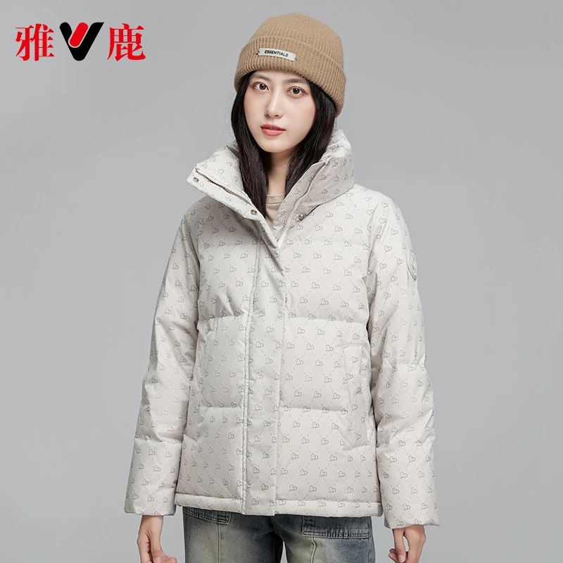 雅鹿鸭绒羽绒服新款女加厚面包服保暖印花立领百搭情侣女士羽绒服